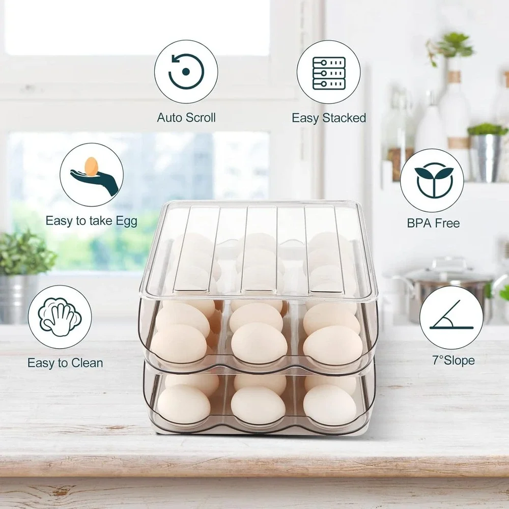MesRosa 3 Layer Rolling Egg Holder for Fridge Clear Plastic Storage Bin 54 Eggs